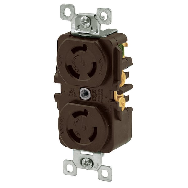 Bryant Locking Devices, Duplex Receptacle, 15A 250V, 2-Pole 3-Wire Grounding, L6-15R, Screw Terminal, Brown - 70615DR