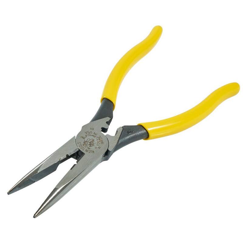 Klein Tools 8 in. Heavy Duty Long Nose Side Cutting Crimping Pliers with Skinning Hole - D203-8NCR