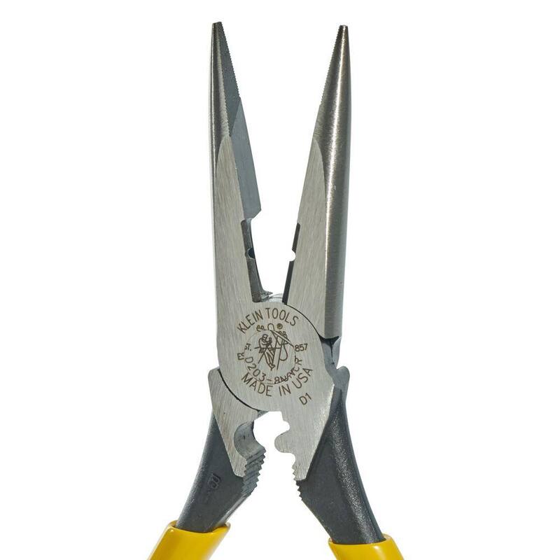 Klein Tools 8 in. Heavy Duty Long Nose Side Cutting Crimping Pliers with Skinning Hole - D203-8NCR