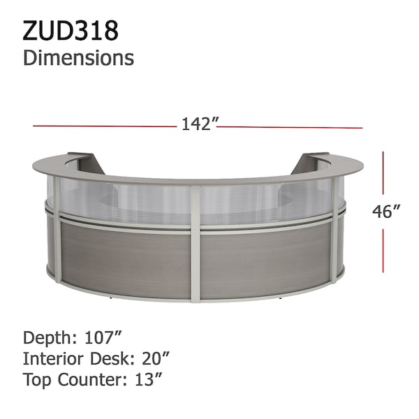 Linea Italia Curved Reception Desk 4 Units, Clear Panel, 142 inW x 107 inD, Ash - ZUD318