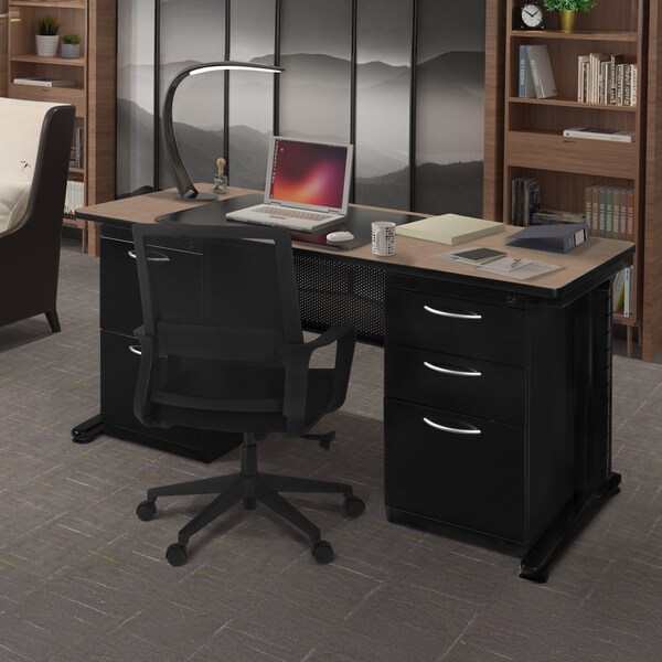 Regency Fusion Teachers Desk W/ Double Pedestal Drawer Unit, 72 in W X Wood, Metal, Noble Oak - MDP7224NO