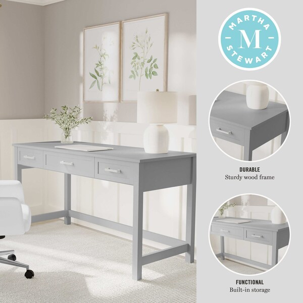 Martha Stewart Hutton Shaker Style Home Office 3 Drawer Desk in Gray w/Brushed Nickel Hardware - ZG-ZP-20-GY-MS