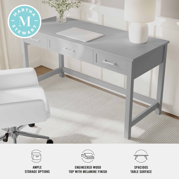 Martha Stewart Hutton Shaker Style Home Office 3 Drawer Desk in Gray w/Brushed Nickel Hardware - ZG-ZP-20-GY-MS