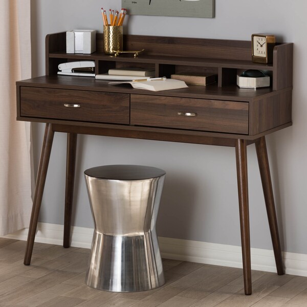Baxton Studio Disa Mid-Century Modern Walnut Brown Finished 2-Drawer Desk - 142-8005