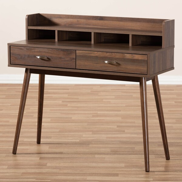 Baxton Studio Disa Mid-Century Modern Walnut Brown Finished 2-Drawer Desk - 142-8005