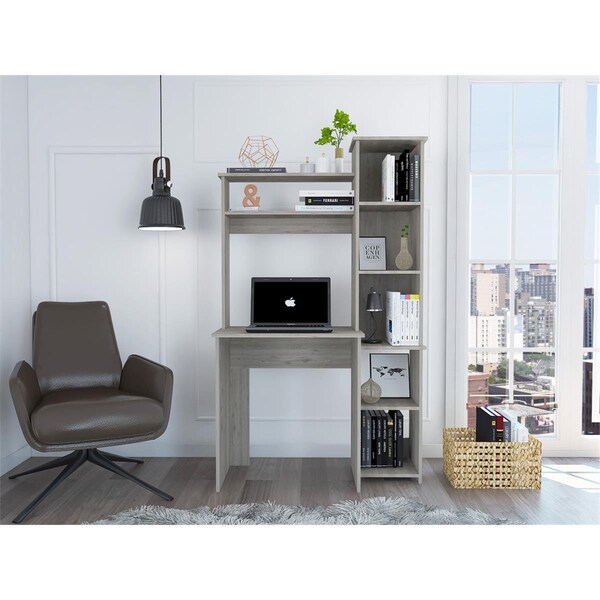 Homeroots Modern Office Desk with Storage Cabinet, Light Gray - 477861