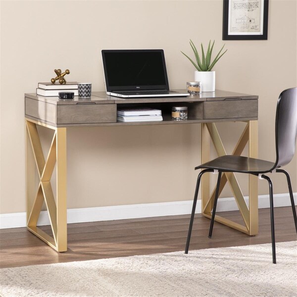 Homeroots Modern Gray & Gold Writing Desk with Storage - 402051