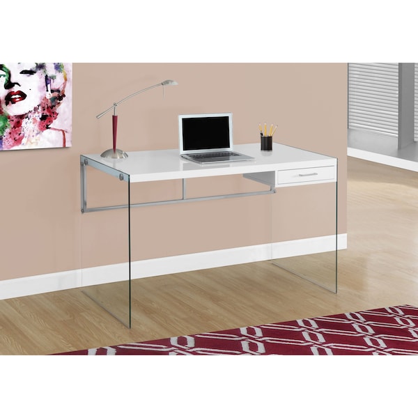 Monarch Specialties Computer Desk, Home Office, Laptop, Storage Drawers, 48"L, Work, Tempered Glass, Glossy White, Clear - I 7209
