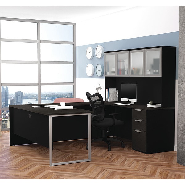Bestar U Shaped Desk U Desk, Glass Door, Deep Grey, Black, 92.4" D X 70.1" H, 71.1" W X Melamine - 110890-32