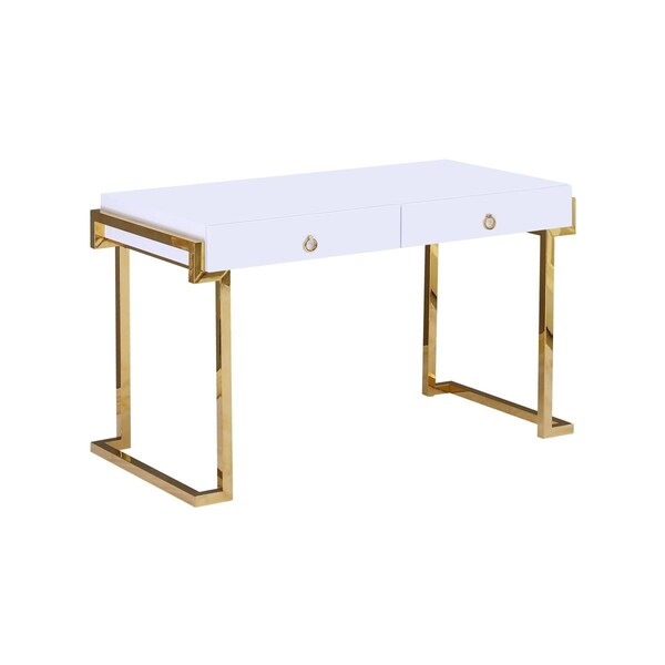 Kd Gabinetes Kendrick White Lacquered With Gold Plated Computer Desk - KD2208203