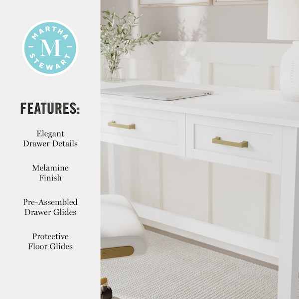 Martha Stewart Hutton Shaker Style Home Office 3 Drawer Desk in White w/Polished Brass Hardware - ZG-ZP-20-WH-GLD-MS