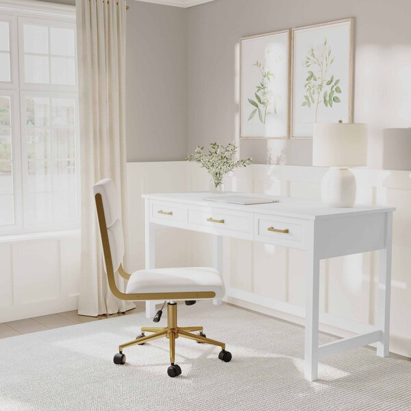 Martha Stewart Hutton Shaker Style Home Office 3 Drawer Desk in White w/Polished Brass Hardware - ZG-ZP-20-WH-GLD-MS