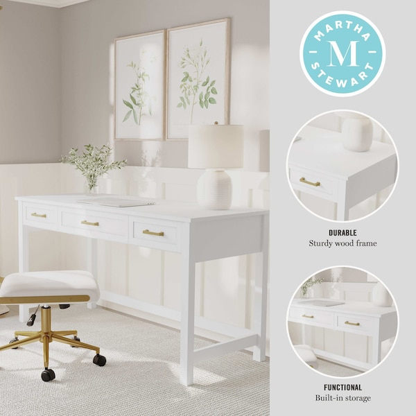 Martha Stewart Hutton Shaker Style Home Office 3 Drawer Desk in White w/Polished Brass Hardware - ZG-ZP-20-WH-GLD-MS