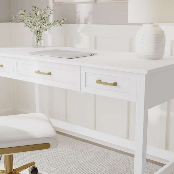 Martha Stewart Hutton Shaker Style Home Office 3 Drawer Desk in White w/Polished Brass Hardware - ZG-ZP-20-WH-GLD-MS