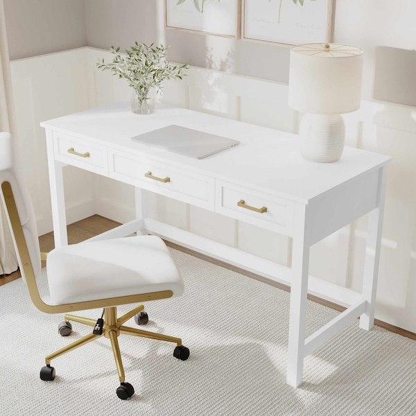 Martha Stewart Hutton Shaker Style Home Office 3 Drawer Desk in White w/Polished Brass Hardware - ZG-ZP-20-WH-GLD-MS