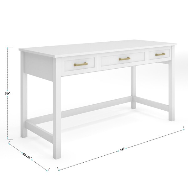Martha Stewart Hutton Shaker Style Home Office 3 Drawer Desk in White w/Polished Brass Hardware - ZG-ZP-20-WH-GLD-MS