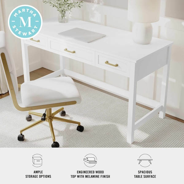 Martha Stewart Hutton Shaker Style Home Office 3 Drawer Desk in White w/Polished Brass Hardware - ZG-ZP-20-WH-GLD-MS