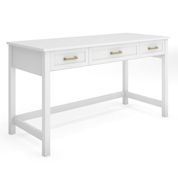 Martha Stewart Hutton Shaker Style Home Office 3 Drawer Desk in White w/Polished Brass Hardware - ZG-ZP-20-WH-GLD-MS