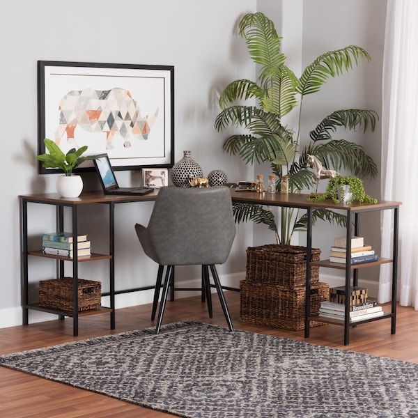Baxton Studio 55.1" D X 66.1" W X Powder-Coated Metal/Particle Board, Walnut Brown/Black - 229-12496-ZORO
