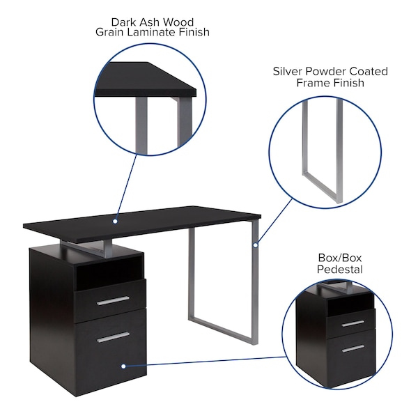 Flash Furniture Computer Desk Desk, 2 Drawers, Silver Metl Frame, Drk Ash, 23-1/2" D X 30-1/2" H, 47" W X Dark Ash - NAN-JN-2634-G-GG
