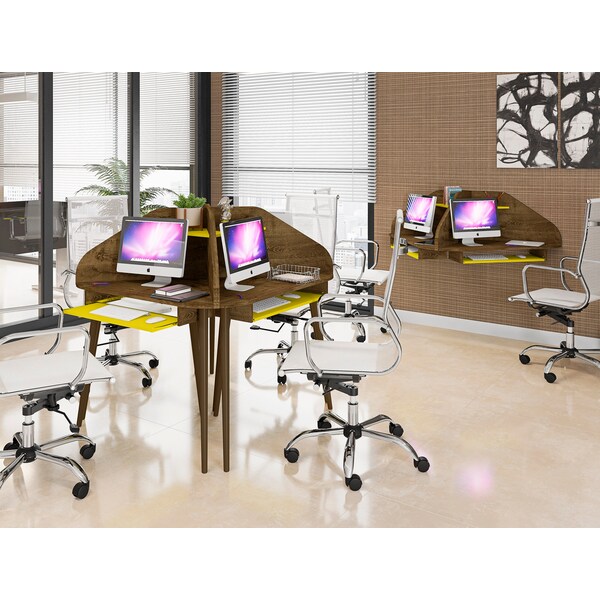 Manhattan Comfort Bradley Floating 2-Piece Cubicle Section Desk, Rustic Brown/Yellow - 1-229BMC94