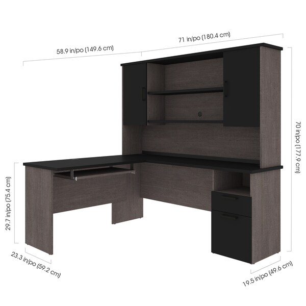 Bestar Norma L-Shaped Desk with Hutch, Black & Bark Gray - 181850-000018