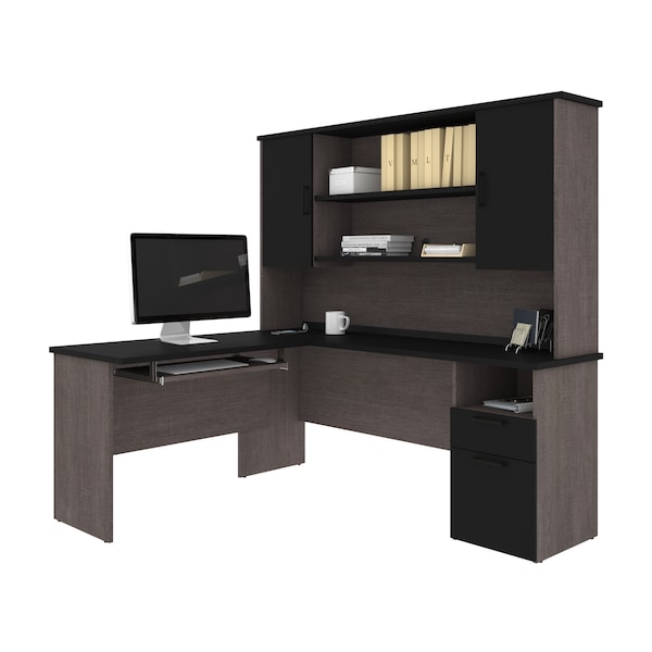 Bestar Norma L-Shaped Desk with Hutch, Black & Bark Gray - 181850-000018