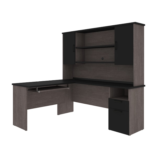 Bestar Norma L-Shaped Desk with Hutch, Black & Bark Gray - 181850-000018