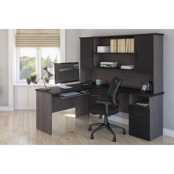 Bestar Norma L-Shaped Desk with Hutch, Black & Bark Gray - 181850-000018