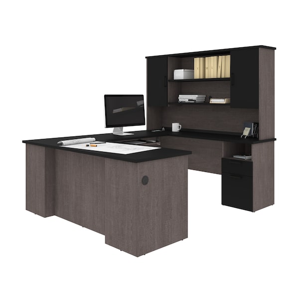 Bestar Norma U-Shaped Desk with Hutch, Black & Bark Gray - 181852-000018