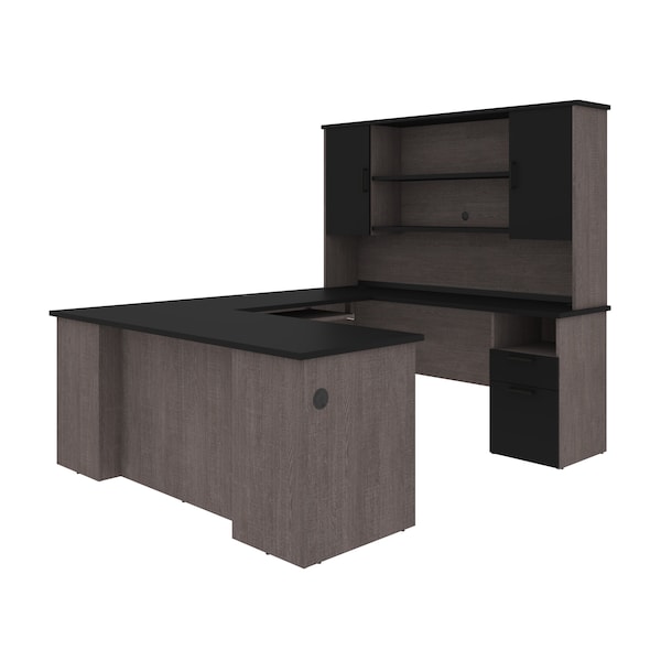 Bestar Norma U-Shaped Desk with Hutch, Black & Bark Gray - 181852-000018