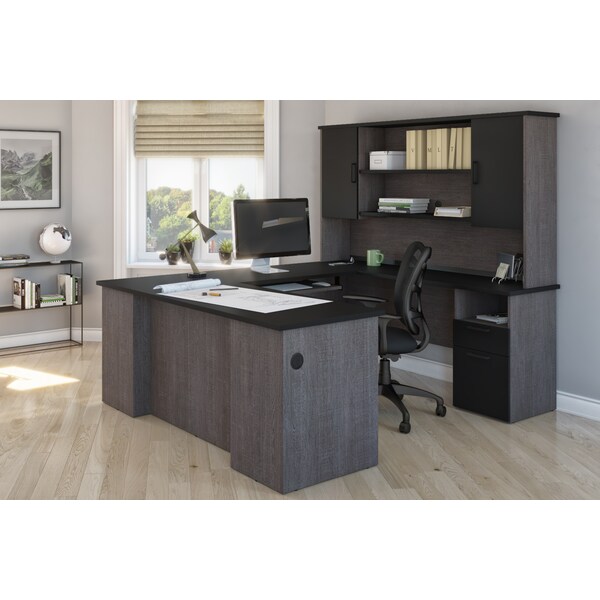 Bestar Norma U-Shaped Desk with Hutch, Black & Bark Gray - 181852-000018