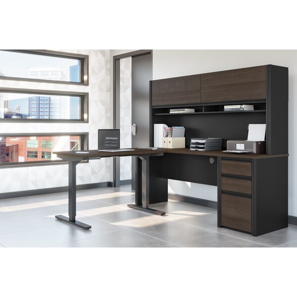 Bestar Connexion Height Adjustable L-Desk with Hutch, Antigua/Black - 93886-000052
