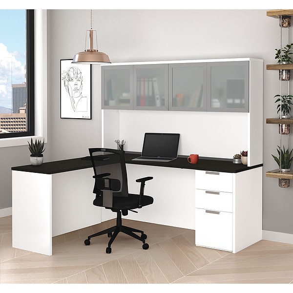 Bestar L Shaped Desk L Desk, Glass Door, Hutch, White/Deep Grey, 62.9" D X 70.1" H, 71.1" W X Melamine - 110887-17