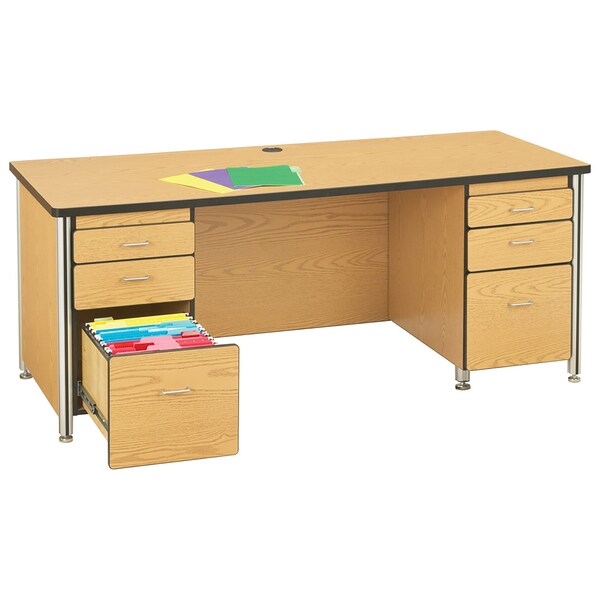 Jonti-Craft Berries Teachers' 66 in. Desk with 2 Pedestals, Freckled Gray/Black - 97012JC180