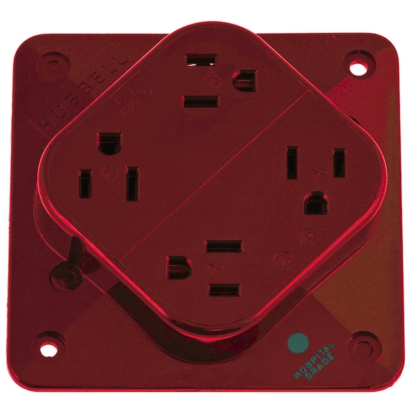 Hubbell Wiring Device-Kellems Straight Blade Devices, Receptacles, 4- Plex, Hospital Grade, 2-Pole 3-Wire Grounding, 15A 125V, 5-15R, Red, Single Pack - HBL415HR