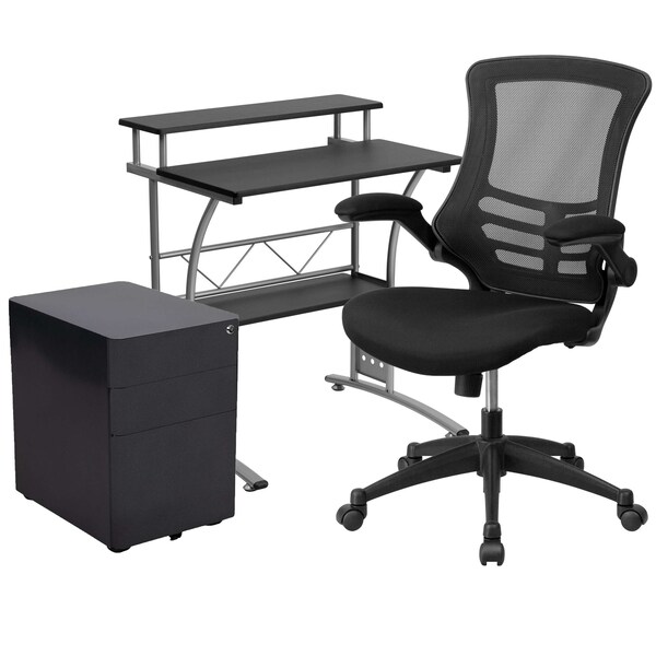 Flash Furniture Black Desk, Chair, Cabinet Set - BLN-CLIFCHPX5-BK-GG