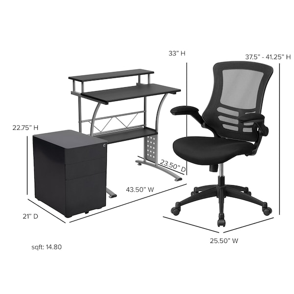 Flash Furniture Black Desk, Chair, Cabinet Set - BLN-CLIFCHPX5-BK-GG