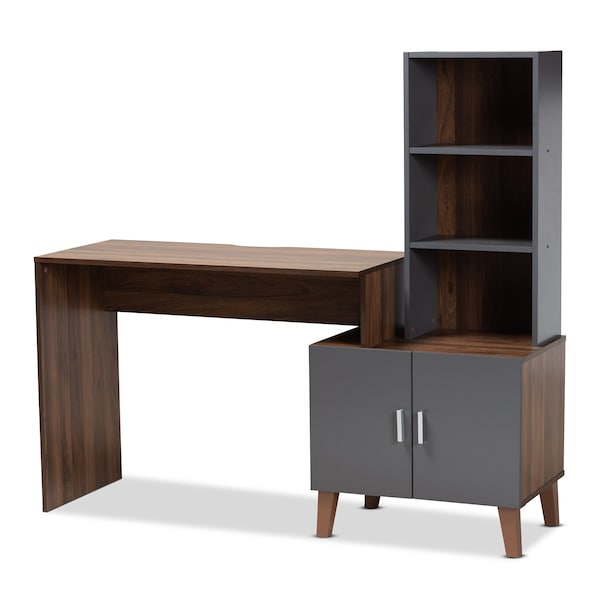 Baxton Studio Jaeger Modern Two-Tone Walnut Brown and Dark Grey Finished Wood Storage Desk with Shelves - 182-11696-ZORO