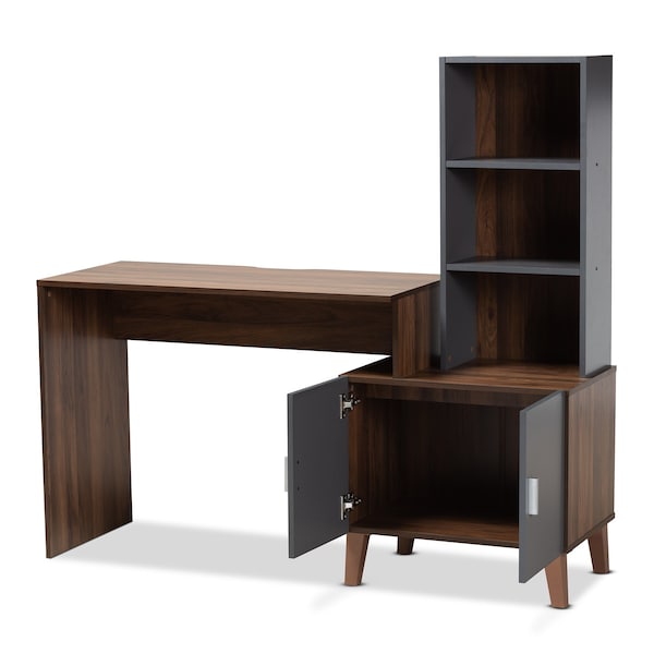 Baxton Studio Jaeger Modern Two-Tone Walnut Brown and Dark Grey Finished Wood Storage Desk with Shelves - 182-11696-ZORO