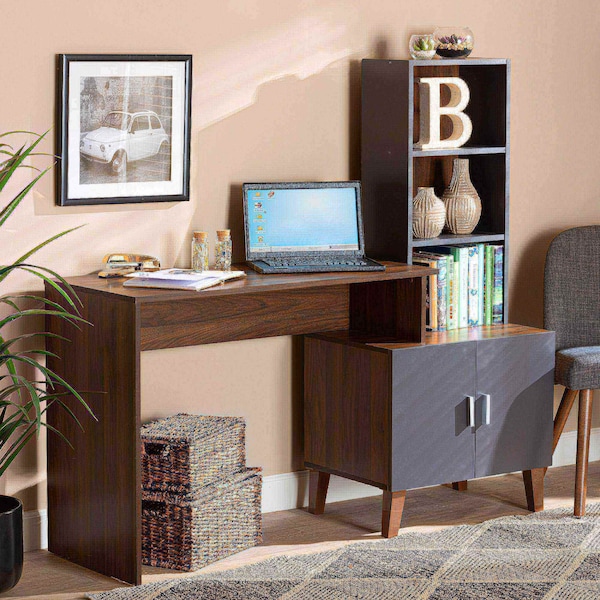 Baxton Studio Jaeger Modern Two-Tone Walnut Brown and Dark Grey Finished Wood Storage Desk with Shelves - 182-11696-ZORO