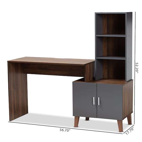 Baxton Studio Jaeger Modern Two-Tone Walnut Brown and Dark Grey Finished Wood Storage Desk with Shelves - 182-11696-ZORO