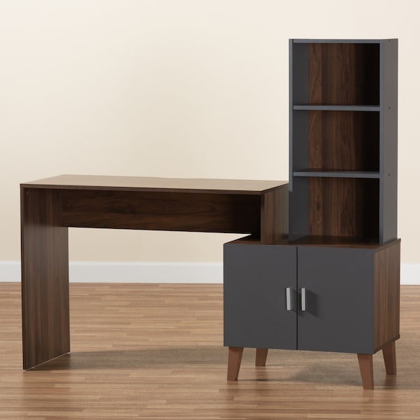 Baxton Studio Jaeger Modern Two-Tone Walnut Brown and Dark Grey Finished Wood Storage Desk with Shelves - 182-11696-ZORO