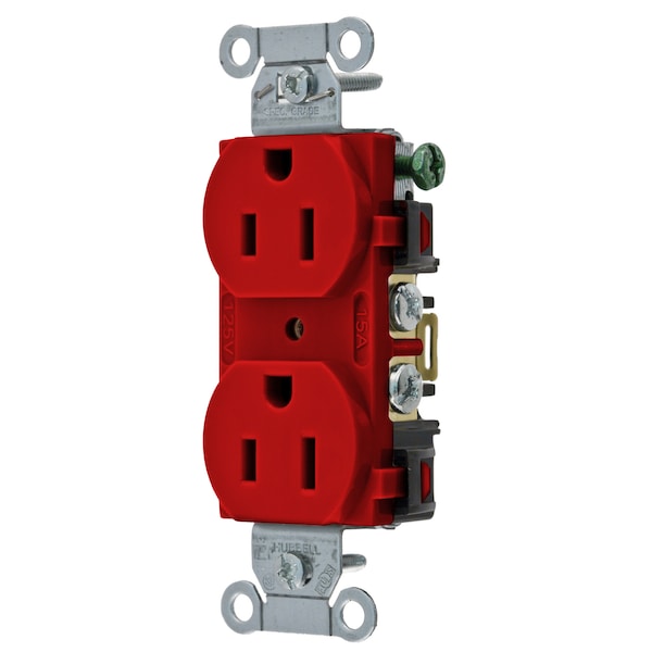 Hubbell Wiring Device-Kellems Straight Blade Devices, Duplex Receptacle, Commercial Grade, 15A 125V, 2-Pole 3-Wire Grounding, 5-15R, Back and Side Wired, Red - BR15R