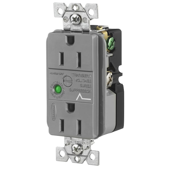 Hubbell Wiring Device-Kellems TVSS Duplex Receptacle with Light and Alarm, 15A 125V, 5-15R, Gray - HBL5262GYSA