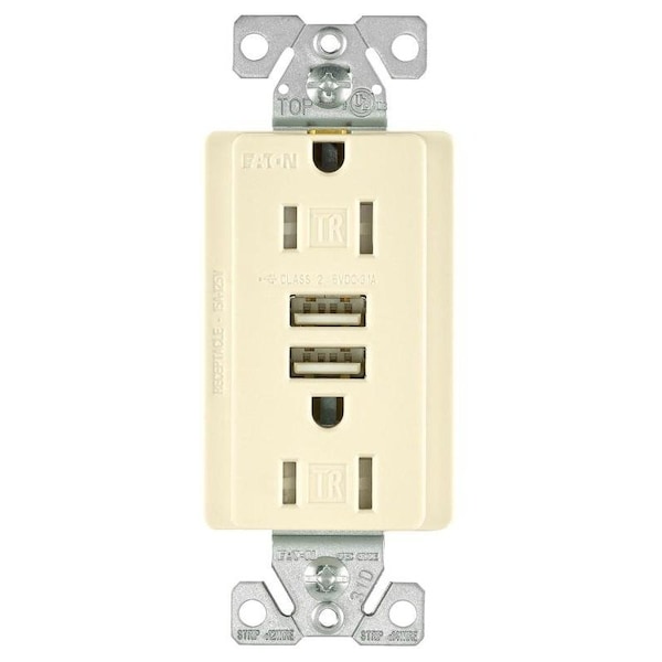 Arrow Hart TR7755LAK Combination USB Receptacle, 2 Pole, 31 A USB, 15 A Receptacle, 5 VDC USB - TR7765LA-KB-L