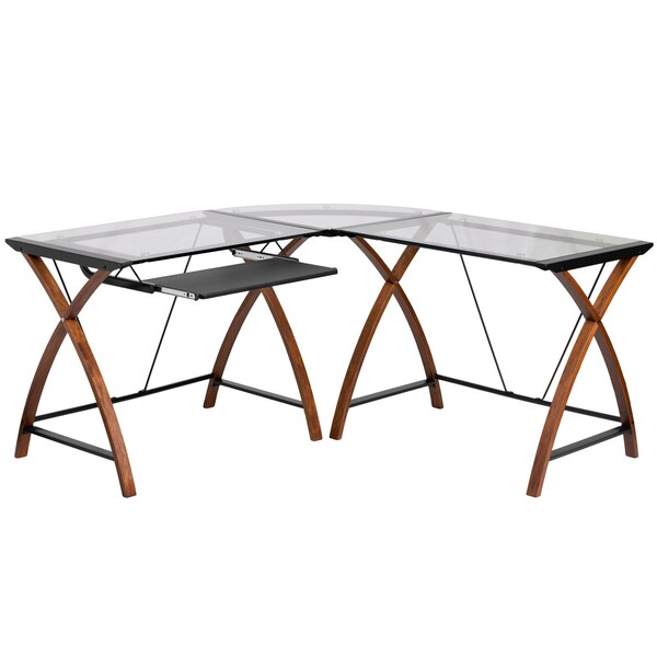 Flash Furniture L Shaped Desk Glass Top Cherry Desk, L-Shaped, 23-1/2" D X 29" H, 83-1/4" W X Clear/Cherry - NAN-JN-2824SL-COMBO-GG