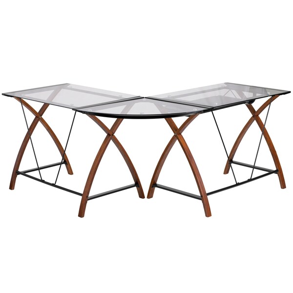Flash Furniture L Shaped Desk Glass Top Cherry Desk, L-Shaped, 23-1/2" D X 29" H, 83-1/4" W X Clear/Cherry - NAN-JN-2824SL-COMBO-GG