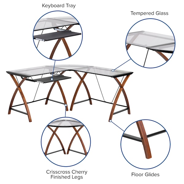Flash Furniture L Shaped Desk Glass Top Cherry Desk, L-Shaped, 23-1/2" D X 29" H, 83-1/4" W X Clear/Cherry - NAN-JN-2824SL-COMBO-GG