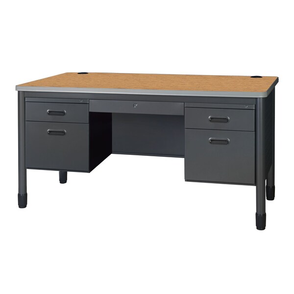 Regency Mesa Steel Double Pedestal Teacher's Office Desk with Center Drawer 60'' x 30'', Medium Oak - 66266DPCDMO